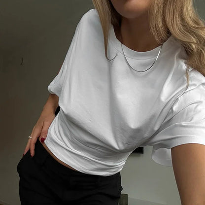 Women's Cropped Corset Top – Gray O-Neck Short-Sleeve Streetwear Tee