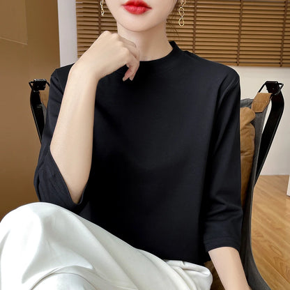 Cotton Cropped T-Shirt - Women's Semi-High Neck Loose Fit Three Quarter Sleeve Top