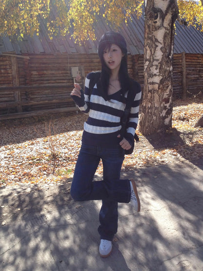 Karrram Japanese Y2k V-neck Striped Sweater Vintage Harajuku Knit Slim Pullovers Korean Style Winter Knitwear 2000s Aesthetics