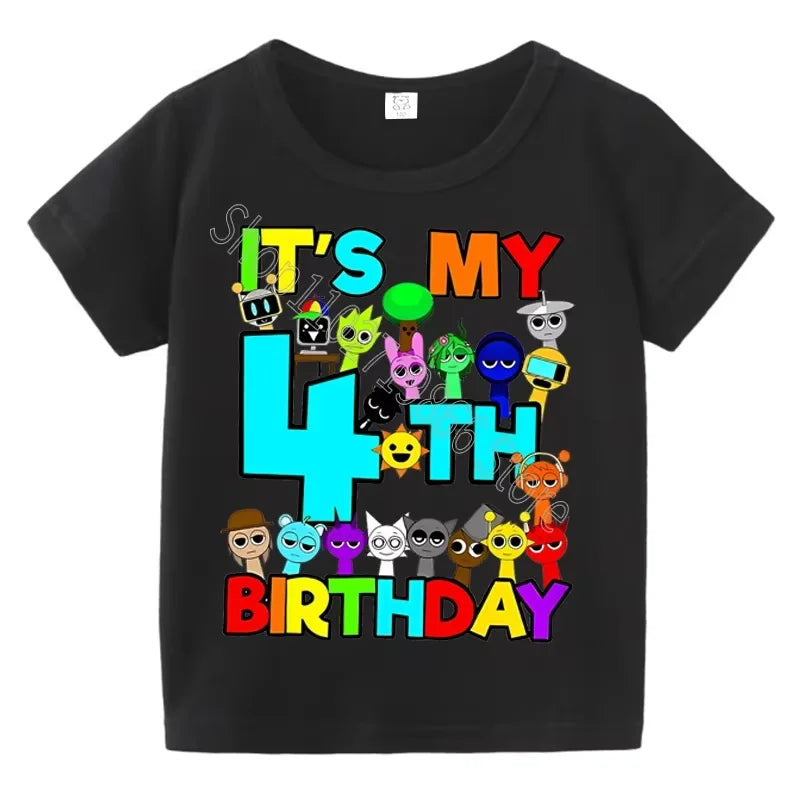 Kids Birthday Cute Cartoon Characters Graphic T-Shirt, Soft Cotton Crew Neck Tee, Casual Party Wear for Boys & Girlsdf0019