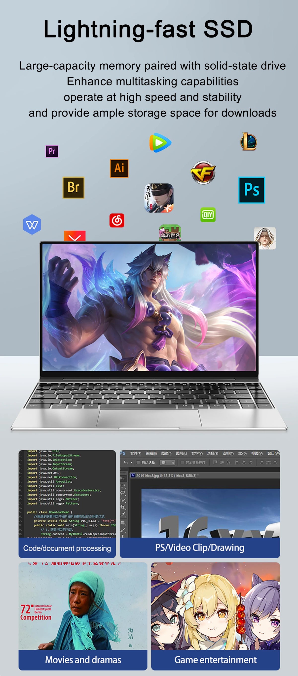 New Ultra Slim Laptop 14.1" 16GB RAM 2TB SSD Intel 4405U Gaming PC 1920*1080 Display Office Study Computer PC Windows 11 Pro