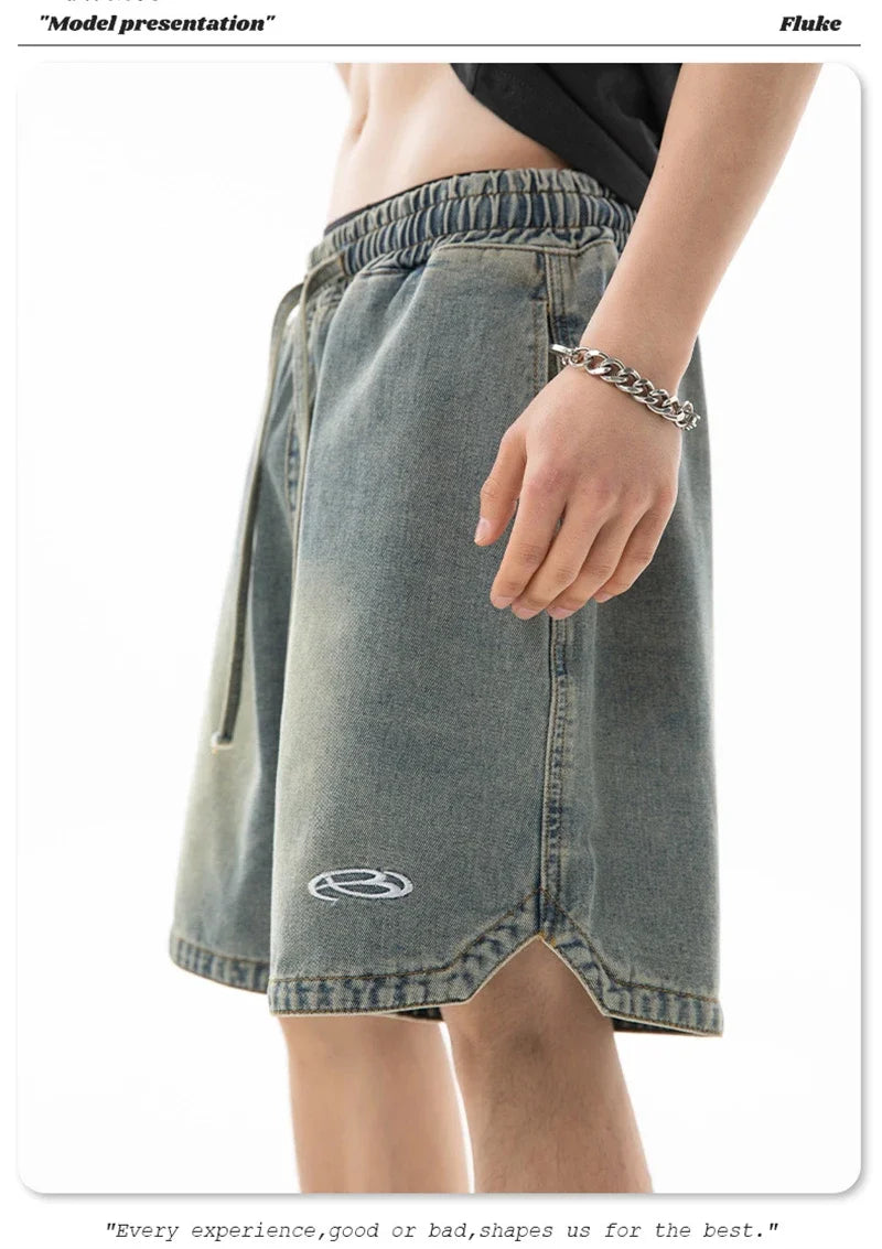 Baggy Denim Shorts - Men's Summer Casual Streetwear With Embroidery & Elastic Waist