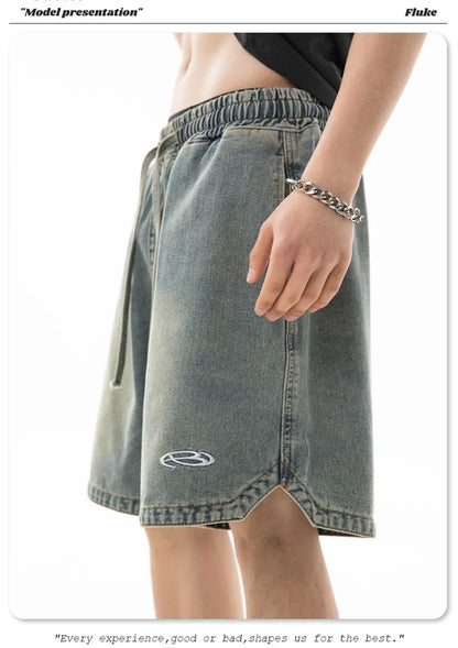 Baggy Denim Shorts - Men's Summer Casual Streetwear With Embroidery & Elastic Waist