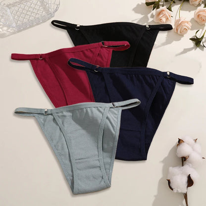 FINETOO 4Pcs Women's Cotton Panties Sexy Metal Ring Waist Underwear Solid Breathable Panties Ladies Soft Briefs Comfort Lingerie