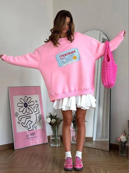 Sumuyoo Printing Warm Sweatshirt Loose Round Neck Oversized Chic Women's HoodiesTrendy Casual Autumn Winter Office Lady Pullover