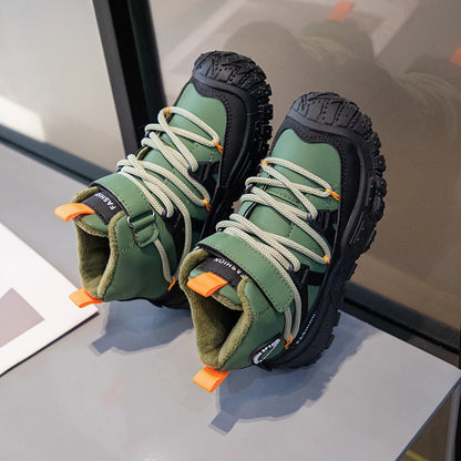 Kids Hiking Shoes Waterproof Leather Boots - Warm Cotton Rubber Sole Winter Footwear