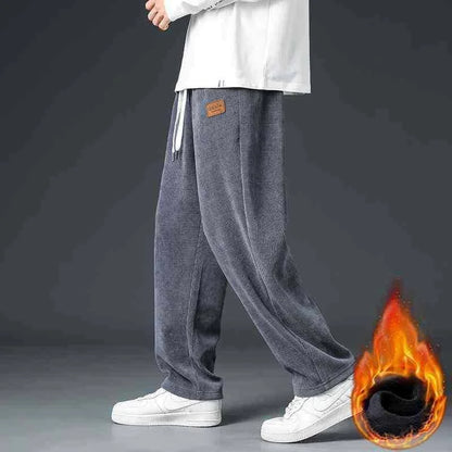 Winter Thick Warm Corduroy Sweatpants Men Fleece Liner Drawstring Straight Loose Track Pants Male Casual Fleece Thermal Trousers