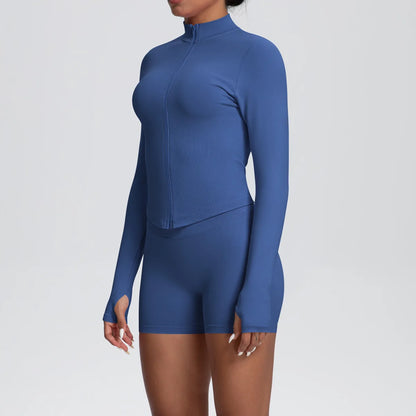 Women Gym Set - Seamless Yoga Suit With Zip Shirt & Cycling Shorts Activewear