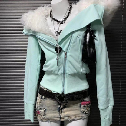 Vintage American Retro Solid Hooded Hoodie Women Winter Faux Fur Lined Zip Up Sweatshirt Cozy Fleece Pullover Streetwear Jacket