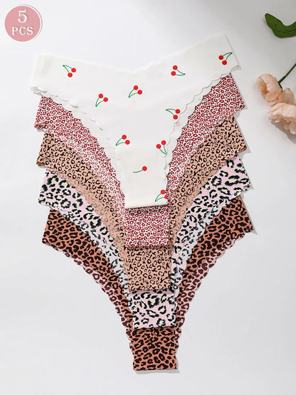 5-piece set of fully printed women's triangle panties with wavy edges, smooth and skin-friendly soft women's underwear