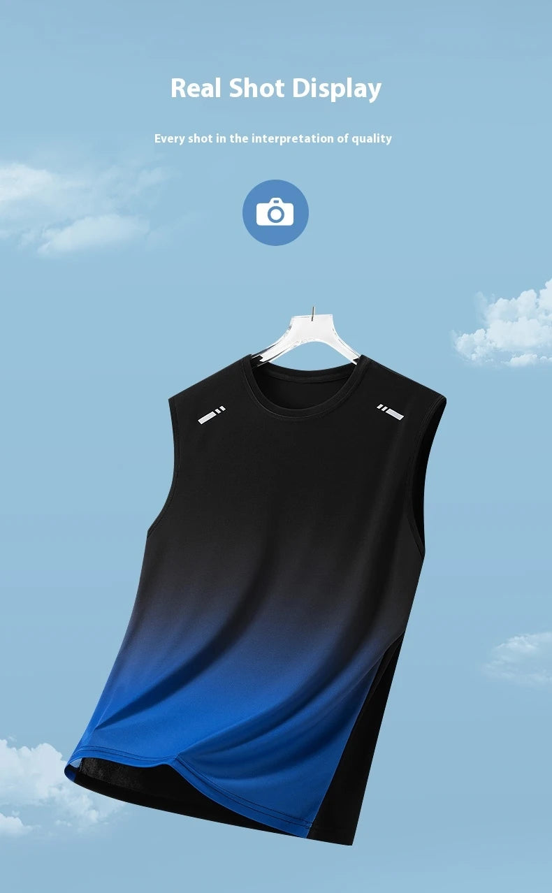 Men's Gradient Sports Vest Lightweight Sleeveless round Neck T-Shirt Summer Running Trendy Loose Fit Youth Cross-Border