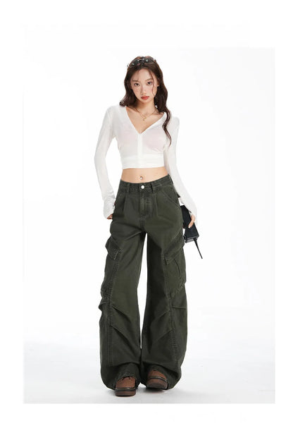 Retro Casual High Waisted Baggy Cargo Jeans Women Washed Distressed Wide Leg Pants Brown Denim Y2K Streetwear Vintage Trousers