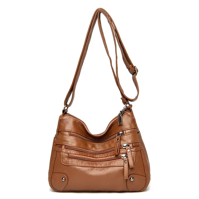 Soft Leather Shoulder Bag - Women's Crossbody Double Layered Large Capacity Tote