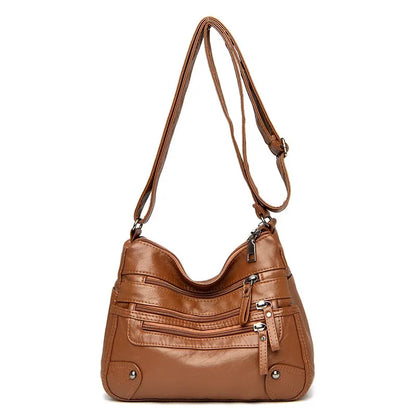 Soft Leather Shoulder Bag - Women's Crossbody Double Layered Large Capacity Tote