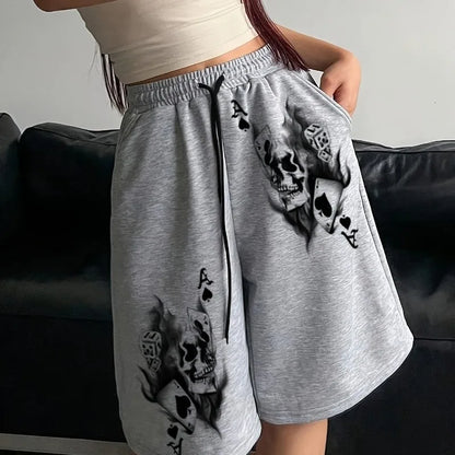 Women's Street Retro Men's and Women's Fashionable Skull Print Five Quarter Shorts Loose Shorts Summer New Style