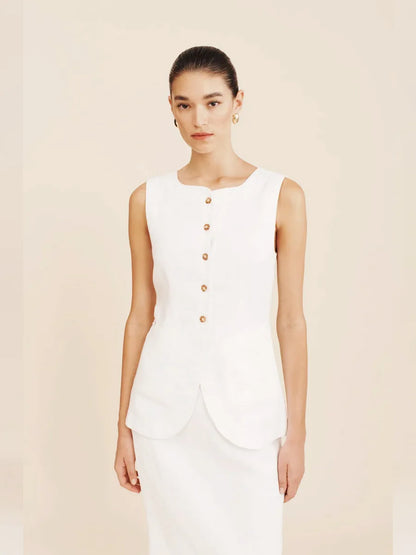 Bornladies Women's Sleeveless Vest High Waisted Skirt Set Spring Summer New Linen Casual Suit Fashion Office Lady Vest Set