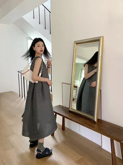 Pleated Women's Dresses | Plus Size Knee Length Dress With Natural Waistline And Folded Fabric