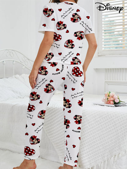 Women's 2-piece set of Disney Mickey and Minnie Cute Cartoon Love Pattern Pajamas Home Clothes Short sleeved Top+Stretch Shorts