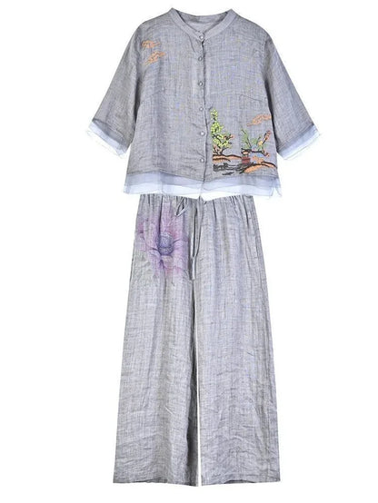 Spring Summer Women Leisure Large Size 5XL 2PCS Middle Aged Mother Mother Cotton Linen Suit 2025 Female Embroidery Two-piece Set