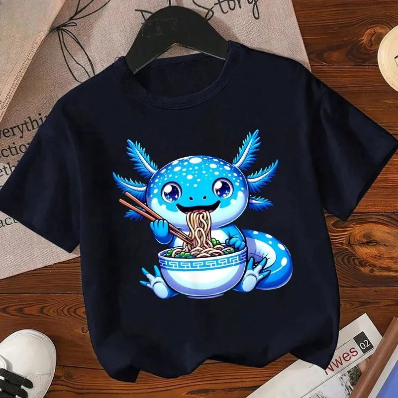 Axolotl Kawaii T Shirt Kid Summer Fashion T Shirt Children Streetwear Boba Axolotl Anime Casual Child Clothing Bithday Tshirts