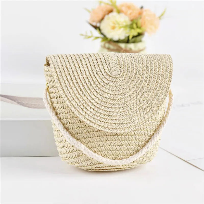 Half Moon Rattan Crossbody Bag - Handmade Woven Straw Beach Bag for Women