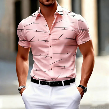 18 Colors 2026 New Men's Fashion Geometric Line Print Short-sleeved Shirt Urban Casual Style Slim Lapel Shirt Comfortable Fabric