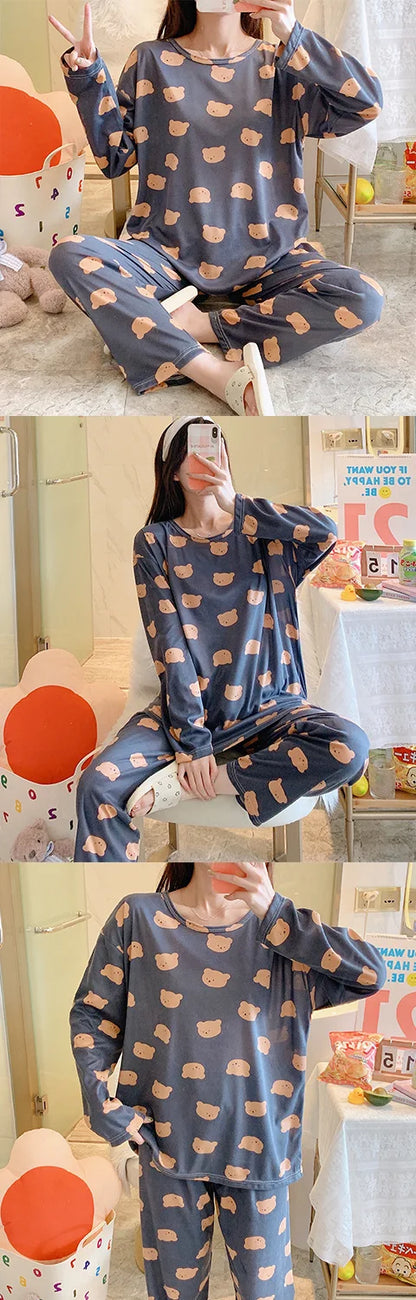 Pajamas Women Long Sleeve Pants Two-Piece Set Cute Sweet and Simple Student Homewear Crew Neck Pullover Long Pajamas Large Size