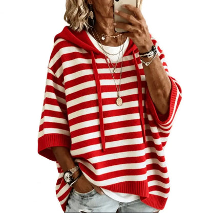 Hooded Pullover Top Women’s Hooded Striped Knit Sweater Loose Half Sleeve Pullover Autumn Winter Drawstring Hoodie for Comfort