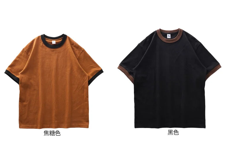 DUKEEN 320G Heavyweight Color-Blocked Patchwork Men's T-Shirt Summer 100% Cotton Solid Color Short Sleeve Basic Tops