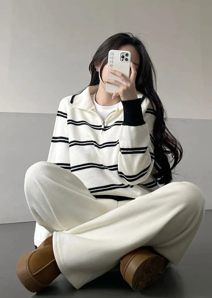 Korean Style Lazy Striped Zipper Color Block Long Sleeve Women's Soft Sweater Autumn Winter New Design Knitted Shirt