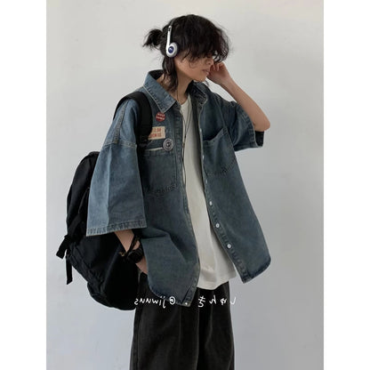 American Cityboy Washed Denim Short Sleeved Shirt Men's Versatile Loose Fitting Shirt Denim Jacket Trendy Coat