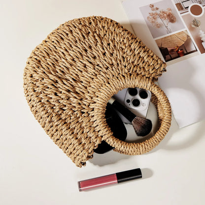 Straw Rattan Handbag – Large Capacity Half Moon Purse | Hollow Out Shoulder Bag