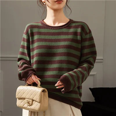 Fashion 100% pure cotton women's sweater autumn and winter casual striped knitted top loose Korean round neck women's pullover