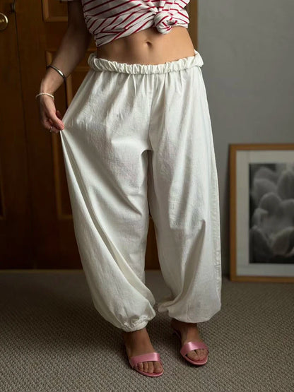 Wide Leg Red Pants For Women Cotton Long Bloomers White Autumn Elastic Waist Lantern Trousers Women Straight Practice Pants Lady