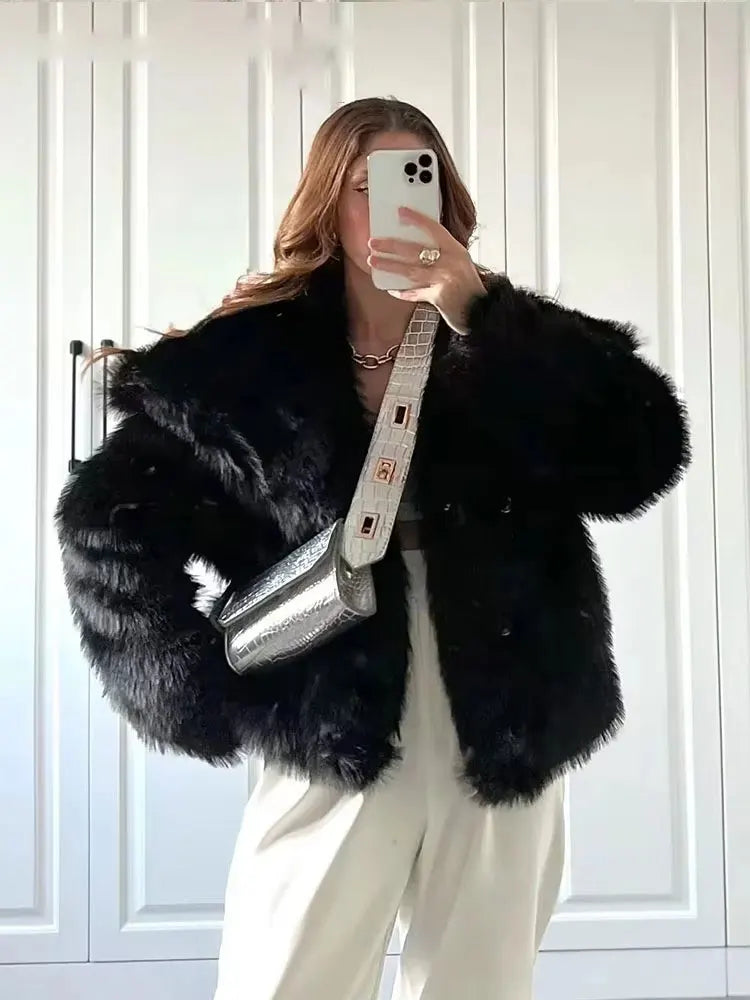 Faux Fur Coat Women’s Winter Jacket – Warm Fluffy Loose Lapel Outerwear