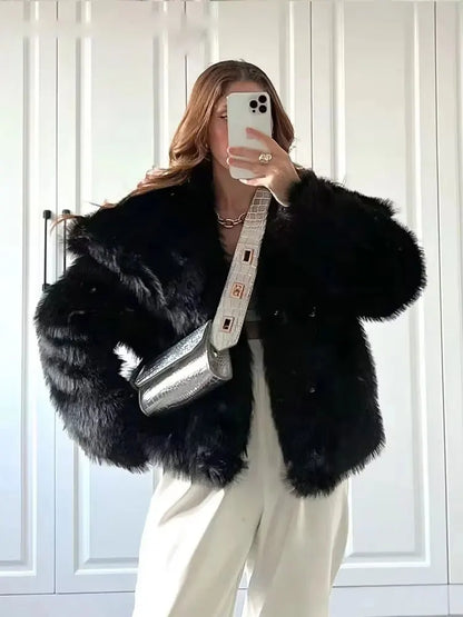 Faux Fur Coat Women’s Winter Jacket – Warm Fluffy Loose Lapel Outerwear