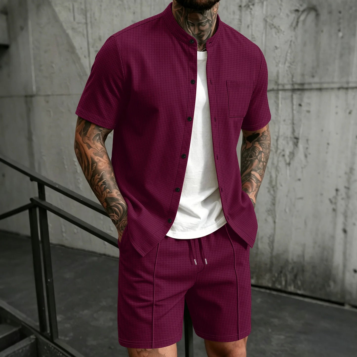 Men's new summer style waffle plain-color crew-neck t-shirt with pocket short-sleeved set with beach shorts men's casual suit