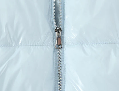 New Winter Fashion Women Bright Light Blue Zipper Up Bread Parka Coat Woman Stand Collar Removable Hooded Long Sleeve Outerwear