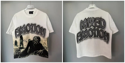 New MIXED-EMOTION Rhinestone cartoon printed pattern 100% cotton Men Women T-shirt Loose casual Shinning Diamond Tees Oversized Top