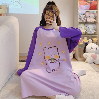 New Spring Summer Cotton Women's Pajamas Cute Long-sleeved Nightdress Cartoon Print Dress Home Service