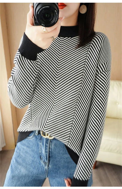 Women's autumn and winter 100% pure cotton knitted semi high neck pullover casual striped warm sweater fashionable hot selling