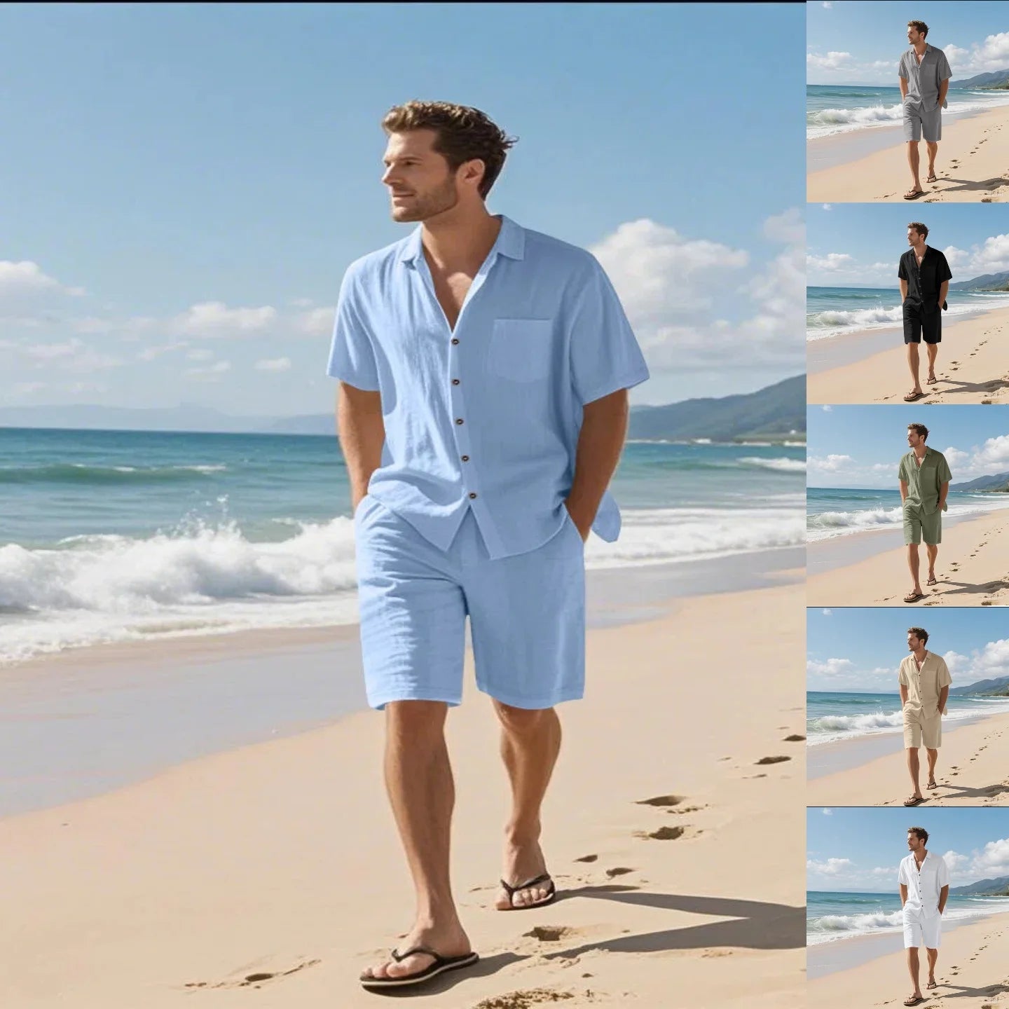 Summer Men's New Linen Loose-Fitting, Versatile, Comfortable, Breathable and Quick-Drying Beach Short-Sleeved Short Pants Set