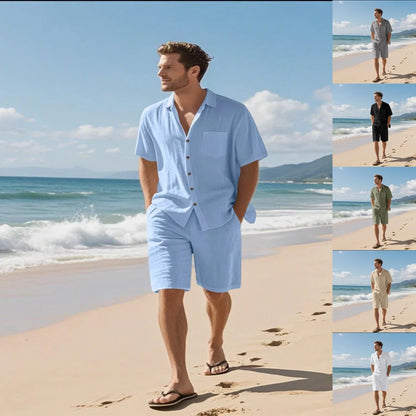 Summer Men's New Linen Loose-Fitting, Versatile, Comfortable, Breathable and Quick-Drying Beach Short-Sleeved Short Pants Set