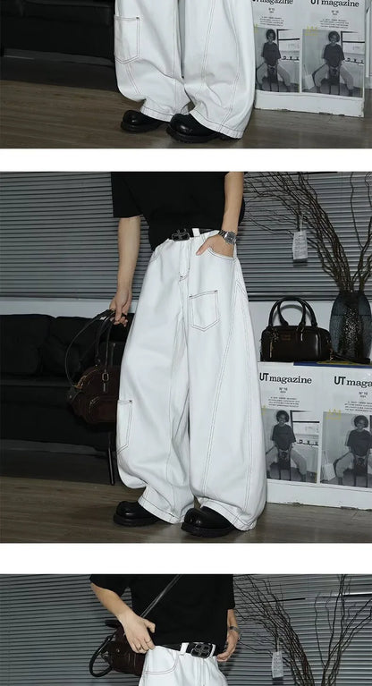 Y2K Men's Jeans White High-Waisted Wide-Leg Denim Pants Retro Baggy Style Fashion Loose Fit Casual Denim Trousers Streetwear