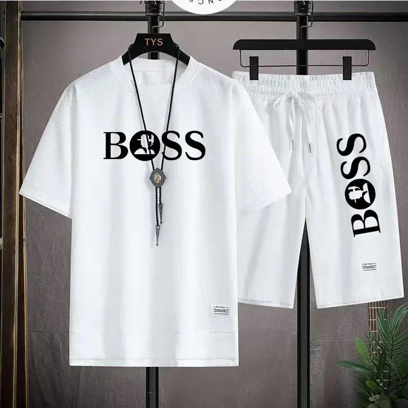 Fashion men's casual sports set new 2025 summer outdoor breathable round neck men short sleeve T-shirt + shorts two sets