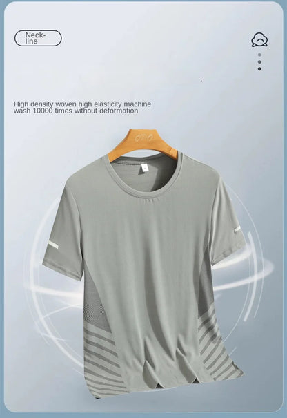 Running T-shirt Men Summer Ice Silk Thin Top Reflective Printing Quick Dry Short Sleeve Breathable Fitness Sports T-shirt 5XL