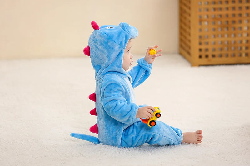 Baby Winter Rompers - Soft Polyester Hooded Jumpsuit With Animal Pattern, Machine Washable