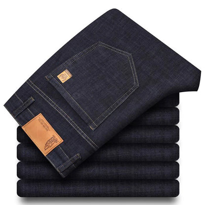 Light blue classic business jeans, fashionable breathable denim elastic pants, black blue men's straight leg jeans, sizes 28-40