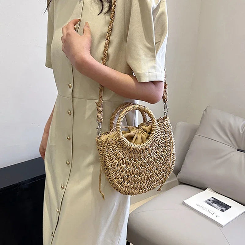 Straw Rattan Handbag – Large Capacity Half Moon Purse | Hollow Out Shoulder Bag