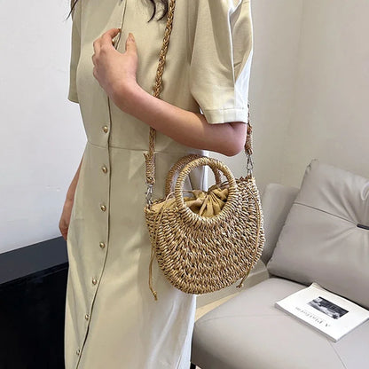 Straw Rattan Handbag – Large Capacity Half Moon Purse | Hollow Out Shoulder Bag